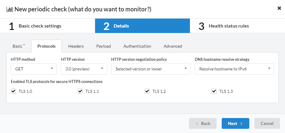 Monitoring HTTP/3 websites with TLS 1.2 and TLS 1.3